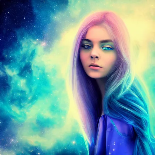 Prompt: photorealistic portraits of girl, blue hair, background with beautiful photography of nebula space wallpaper 8k