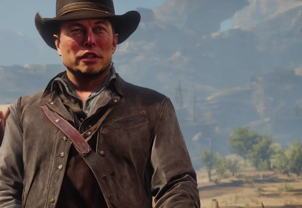 Image similar to elon musk in the red dead redemption 2, elon musk in the video game red dead redemption 2, gameplay screenshot, close up, 3 d rendering. unreal engine. amazing likeness. very detailed.