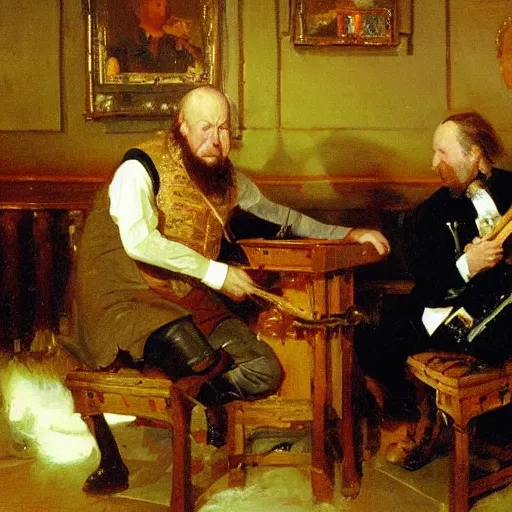 Image similar to Oil painting of Joe Biden playing the Hurdy Gurdy at a fantasy tavern, by ivan shishkin and aivazovsky