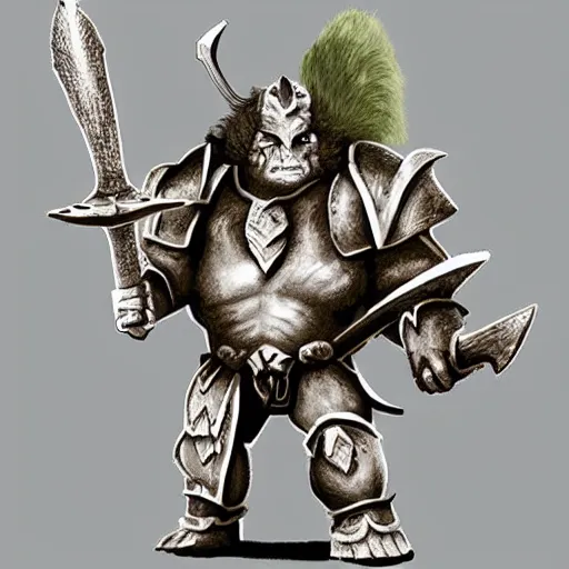 Image similar to ogre warrior wearing plated armor who is holding a battle axe in the style of warhammer fantasy : : head and torso drawing