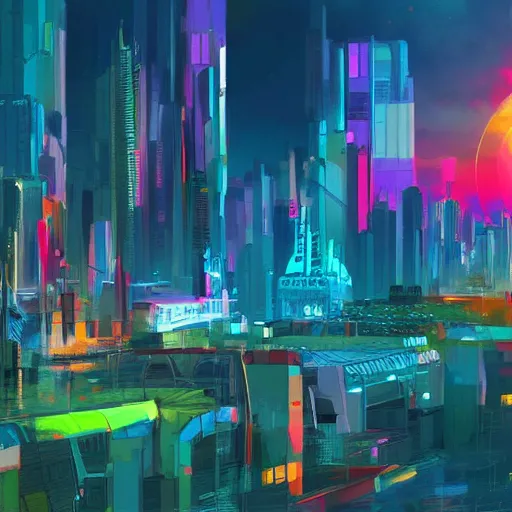 Prompt: a beautiful colorful future city, digital art, artstation