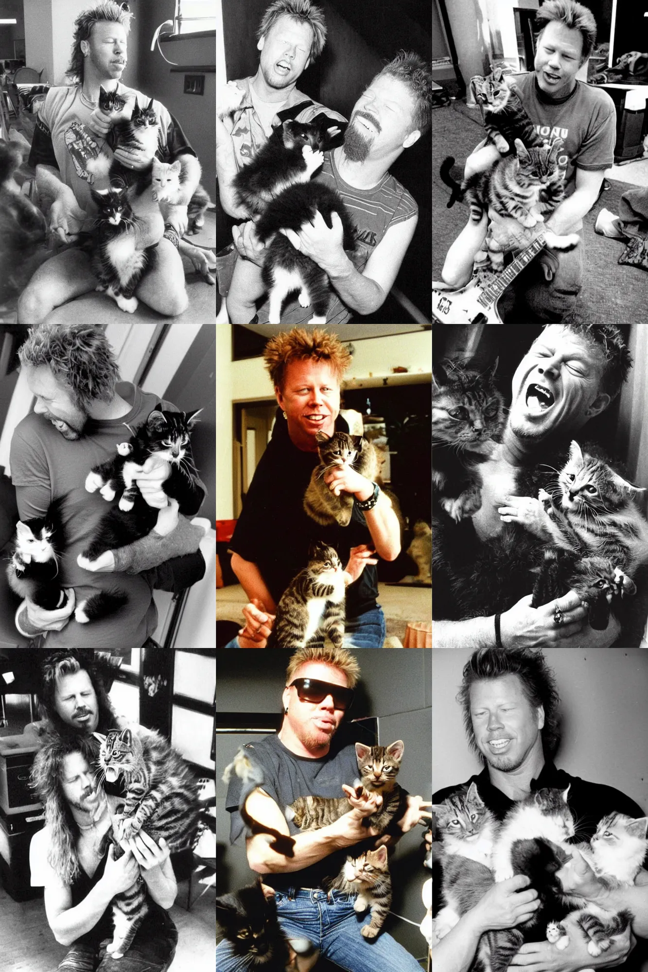 Prompt: 1 9 9 1 james hetfield playing with kittens