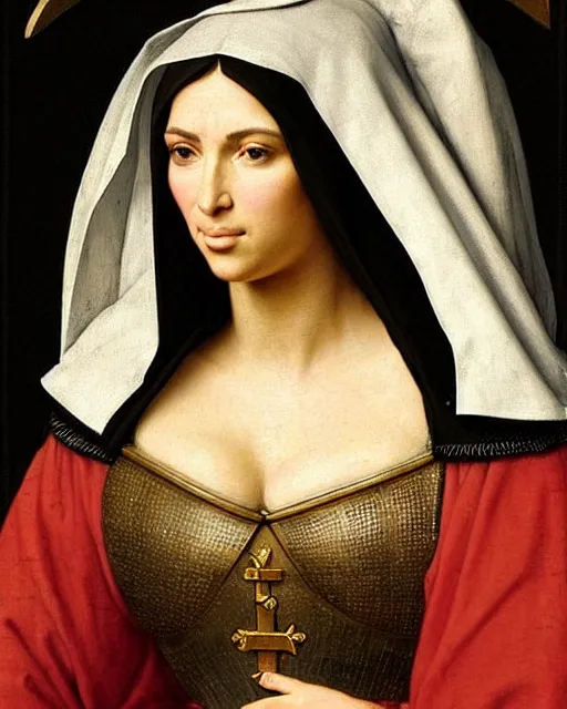 Image similar to kim kardashian as armored battle nun, delicate detailed medieval portrait in the style of eugene de blaas, perfect face