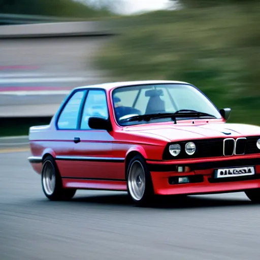 Image similar to a rolling shot of a modified bmw e 3 0 with lights on, on a street race track, motion blur, 1 5 0 mm lens