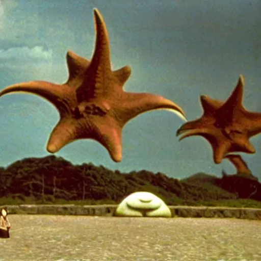 Image similar to a couple escaping from a giant Kaiju Starfish Monster over a traditional Korean village, minimal cinematography by Akira Kurosawa, movie filmstill, film noir, thriller by Kim Jong-il and Shin Sang-ok