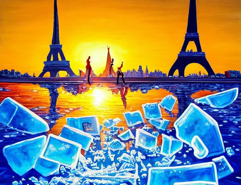 Image similar to a painting of a ice sculture like the eiffel tower in paris with melting ice on the skyline of paris on a very sunny bright summer sunset day, very hot and the ice is melting fast and people are swimming in the icecream in the style of james jean