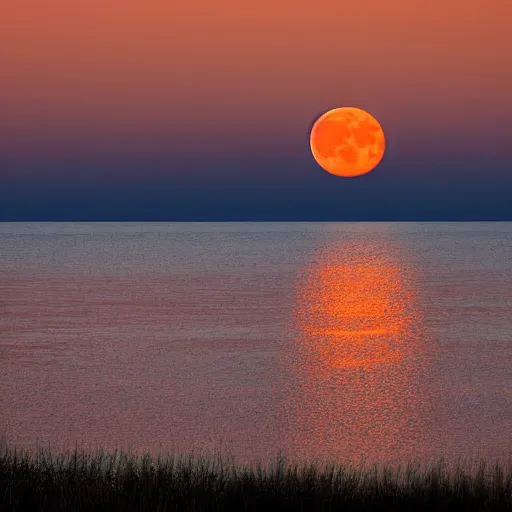 Image similar to orange full moon rising over the lake horizon at night, photograph, iso 1 0 0 0