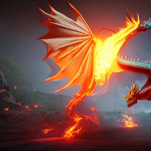 Image similar to Flying dragon fire breath, unreal engine