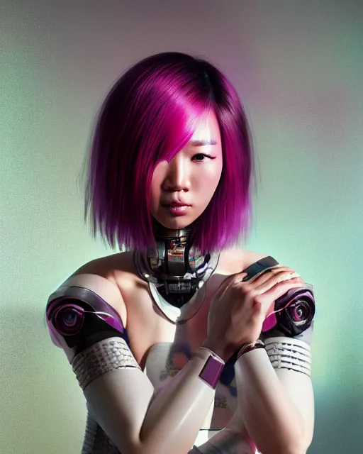 Image similar to portrait of a beautiful asian woman with pink hair as a cyberpunk cyborg half robot, sci - fi, missing panels, intricate abstract upper body intricate artwork, concept art, octane render, deviantart, cinematic, key art, hyperrealism, iridescent accents, portrait photograph, nikon 3 5 mm, photograph by greg rutkowski