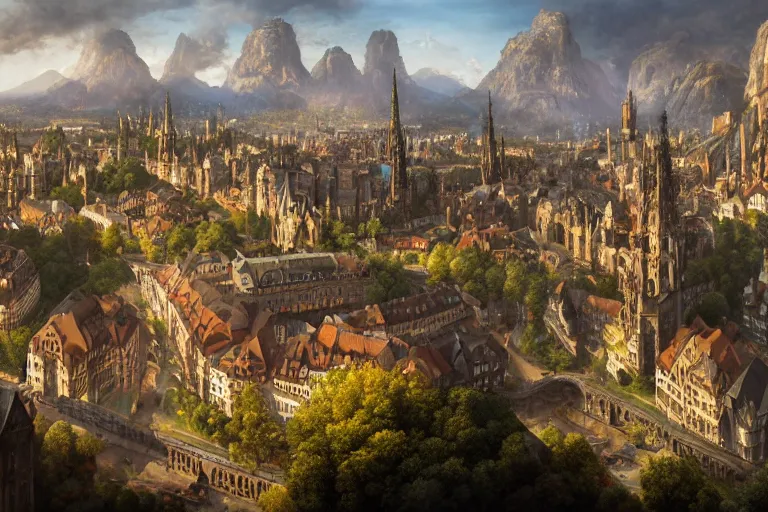 Image similar to an ultra detailed matte landscape painting of an german renaissance capital city built into the side of a mountain with many tall spirally towers, sweeping vista, german renaissance architecture, ultrawide lens, aerial photography, 8 k, volumetric lighting, smooth, highly detailed, digital illustration, art by greg rutkowski and akira toriyama and artgerm