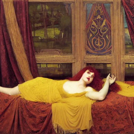 Image similar to preraphaelite photography reclining on bed, a hybrid of a hybrid of judy garland and lady gaga and a hybrid of anne hathaway and liza minelli, aged 2 5, big brown fringe, wide shot, yellow ochre ornate medieval dress, john william waterhouse, kilian eng, rosetti, john everett millais, william holman hunt, william morris, 4 k