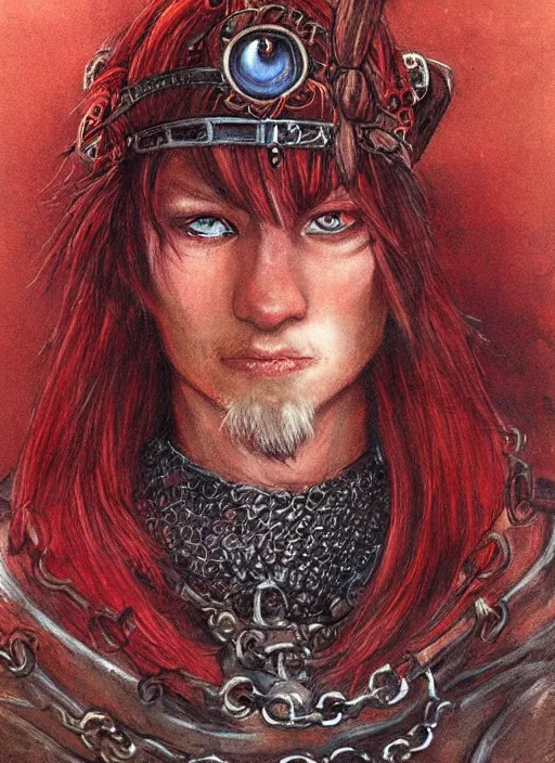 Image similar to portrait of one eyed wizard, beautiful! coherent! dungeons and dragons character, by brian froud, strong line, deep color, chainmail, short red hair, high contrast