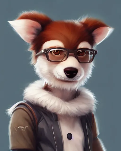 Image similar to character concept art of a cute young male anthropomorphic furry dog | | cute - fine - face, pretty face, key visual, realistic shaded perfect face, fine details by stanley artgerm lau, wlop, rossdraws, james jean, andrei riabovitchev, marc simonetti, and sakimichan, trending on artstation