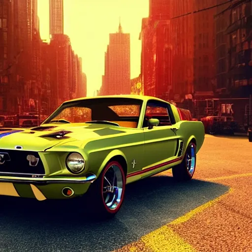 Image similar to 1 9 6 8 ford mustang during golden hour, view of new york in warm light, highly detailed, artstation, concept art