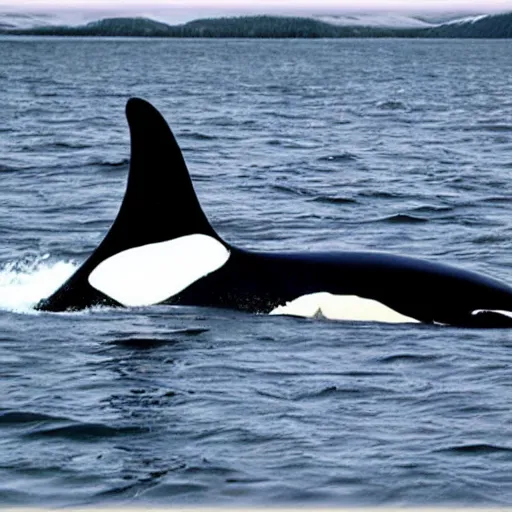 Image similar to orca swimming in a fiord, caricature, amazing details