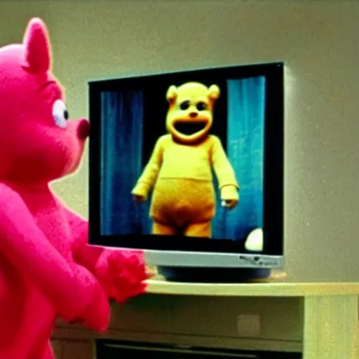 Prompt: teletubby with scary movie on his tv