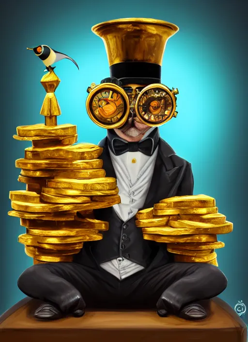 Prompt: athropomorphized rich penguin capitalist sitting on pile of gold, wearing steampunk top hat, goggles, drinking tea, in the style of craola, macro lens, shallow depth of field, highly detailed, digital painting, trending artstation, concept art, illustration, cinematic lighting, vibrant colors, photorealism, epic, octane render, magic the gathering artwork, centered