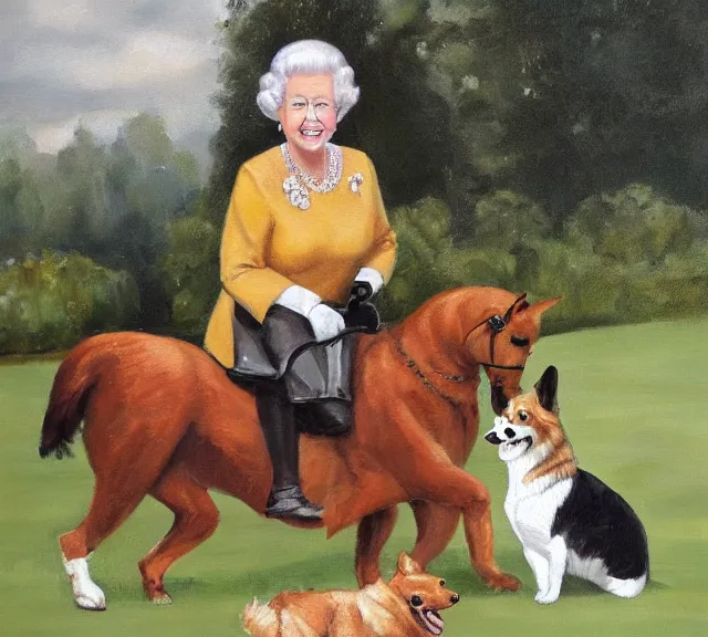 Image similar to oil painting of queen elizabeth riding a corgi like a horse across the lawn of buckingham palace