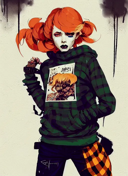 Image similar to highly detailed portrait of a sewer punk lady, tartan hoody, blonde ringlet hair by atey ghailan, by greg rutkowski, by greg tocchini, by james gilleard, by joe fenton, by kaethe butcher, gradient orange, black, blonde cream and white color scheme, grunge aesthetic!!! ( ( graffiti tag wall background ) )