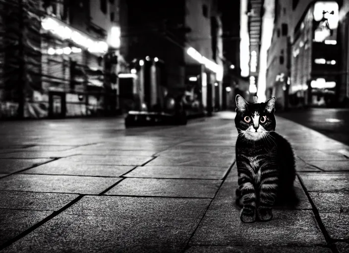Image similar to photography of a Cat sitting on a box. in a cyberpunk street, award winning photo, led lighting, night, 24mm, sharp, high res