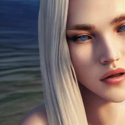 Prompt: woman with long blonde hair wearing white clothing siting on a beach, beautiful, 8k, highly detailed, realistic, octane render, cgi, artgerm, digital artwork, professional art, sakimichan, rutkowski, trending on artstation, perfect face, portrait,