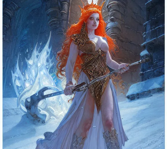 Prompt: The Fire Queen, beautiful young woman, snow, ice, cinematic, hyperdetailed | donato giancola, ralph horsley, Artem Demura | waist-up portrait | dungeons and dragons