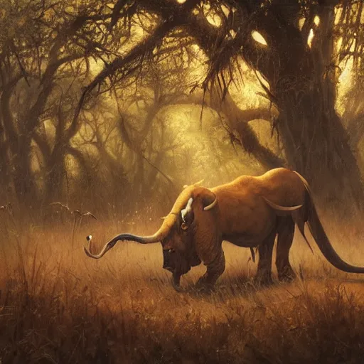 Prompt: manticor in the savanna, oil painting, by Greg Rutkowski