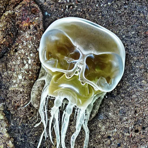 Prompt: mossy human jellyfish skull being reclaimed by nature, macro photography, 1:1 magnification, 15mm f/4