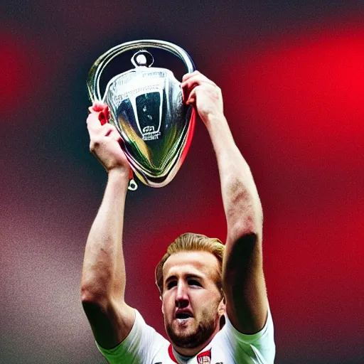 Image similar to harry kane lifting the uefa champions league as an arsenal player, photorealistic, sports photo, dramatic, sharp focus, extreme detail, night