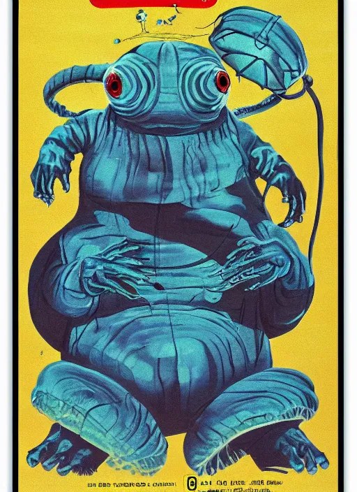 Image similar to giant tardigrade retro japanese monster slimy harness, poster, painting, 7 0 s vintage art