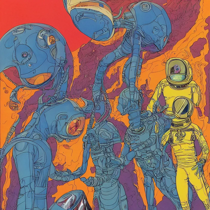 Prompt: ( an alien king and an astronaut talking face to face, overdetailed art, colorful, record jacket design ) by mœbius