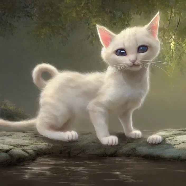 Prompt: a painting of a cute light beige kitten at a river. dark brown ears and face and legs and tail. white paws. character design by cory loftis, fenghua zhong, ryohei hase, ismail inceoglu and ruan jia. volumetric light, detailed, rendered in octane