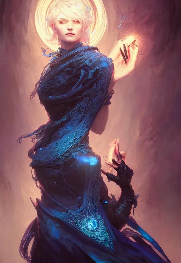 Image similar to Necromancer Sorceress, fantasy magic, undercut blue hairstyle, dark light night, intricate, elegant, sharp focus, illustration, highly detailed, digital painting, concept art, matte, art by WLOP and Artgerm and Greg Rutkowski and Alphonse Mucha, masterpiece