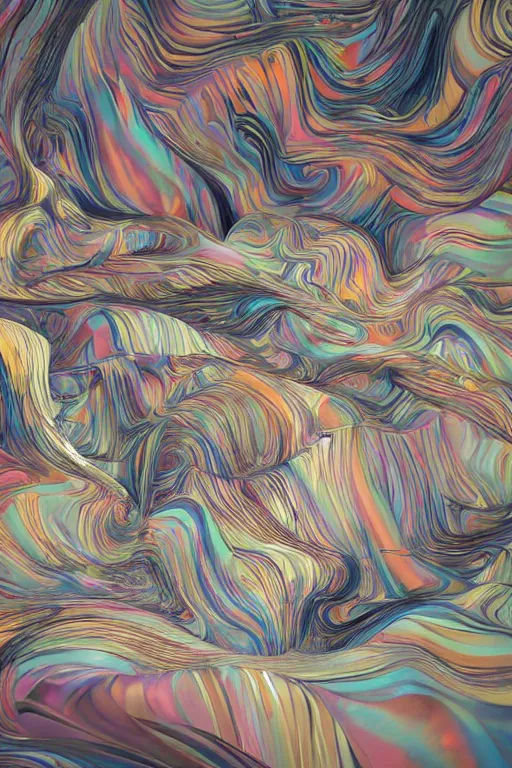 Prompt: concept art landscape by james jean and bridget riley and apple, fluid simulation in houdini, simplified geometry, waves of paint and plastic suspended in oil, anti - gravity, subsurface scattering, volumetric, natural muted tones, trending on artstation, rendered in octane, cgsociety