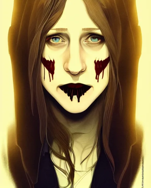 Image similar to in the style of Joshua Middleton, moody lighting, beautiful evil vampire Taissa Farmiga sharp bloody vampire fangs open mouth, yellow eyes, symmetrical eyes, realistic face, symmetrical face, brown leather jacket, jeans, long black hair, full body