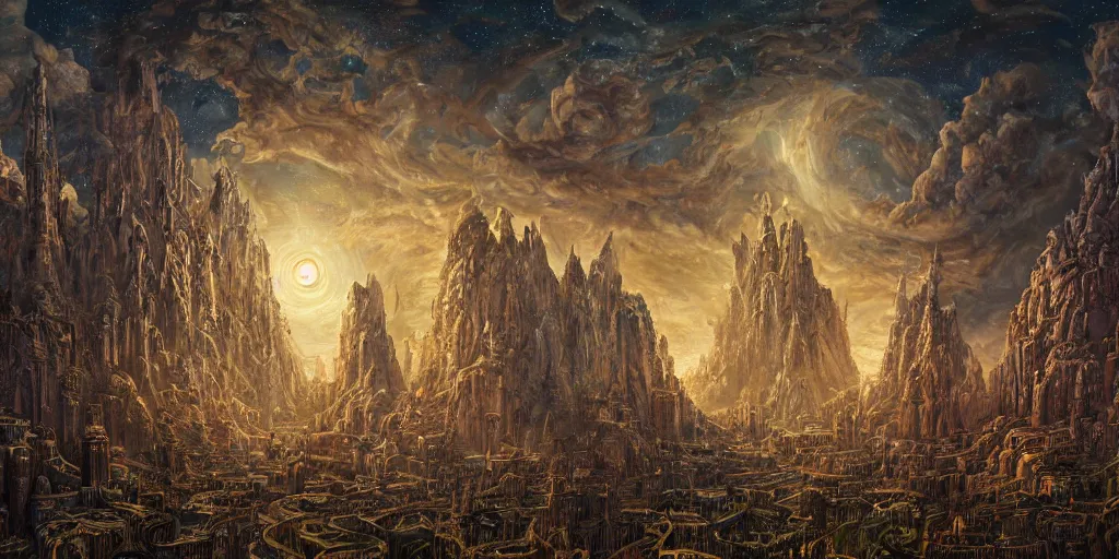 Prompt: an digital painting of the ancient city surrounded by magic guardians, collosal sculpture of faceless god in the middle, lovecraft style, intricate details, detailed sky, detailed structures, starry night, artstation, epic scenery, colourful light, cinematic, by marco bucci and vasnetsov