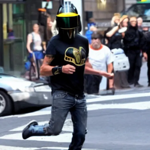 Prompt: kid rock wearing a daft punk helmet running after an ambulance in downtown new york city