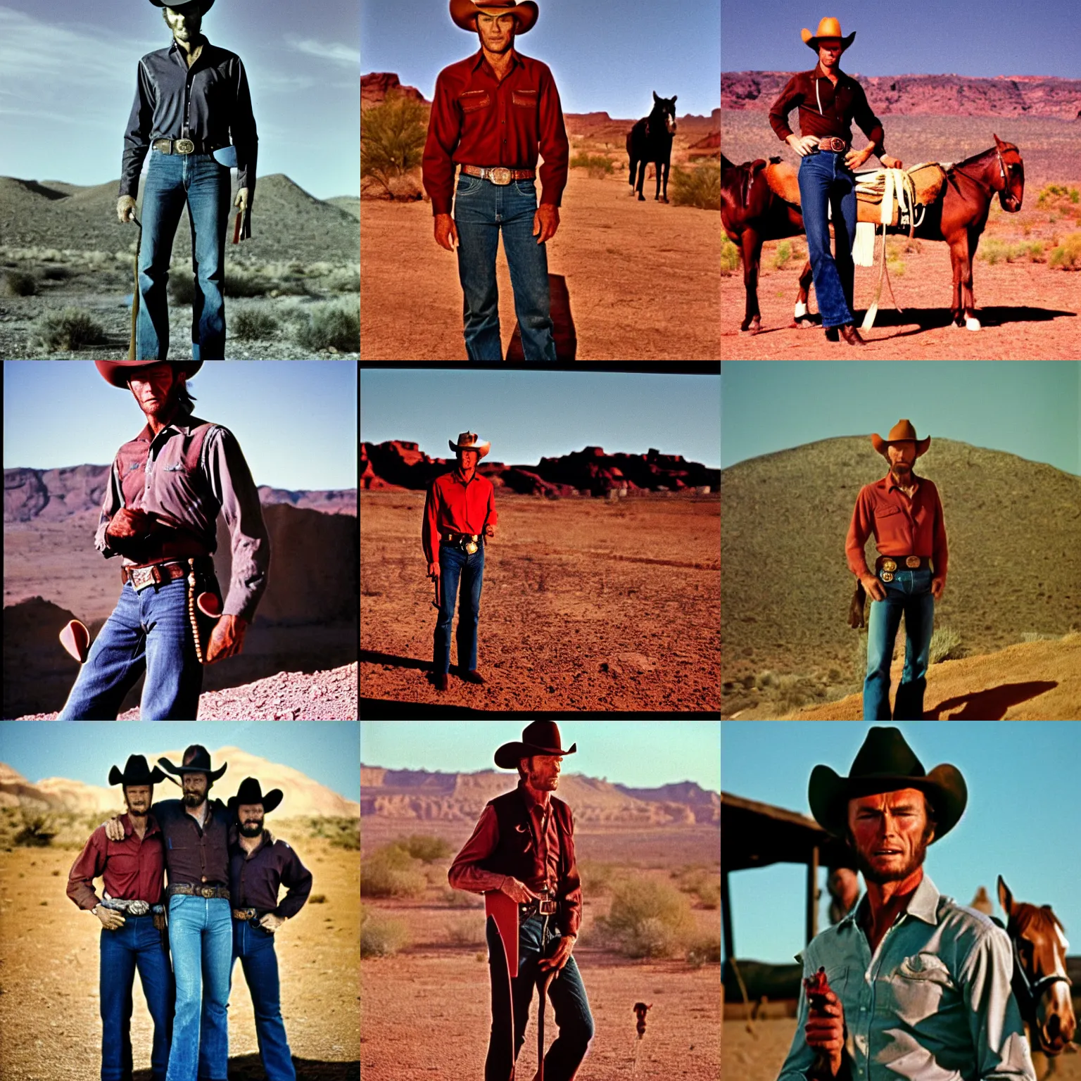 Prompt: still in color from 1 9 6 9 of clint eastwood as a cowboy, standing with hands on colts. desert in the background. red light cinematic, 5 0 mm lens