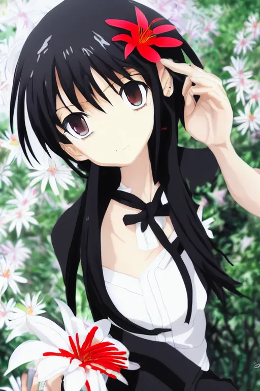 Image similar to Key anime visual of a beautiful girl with black hair and red eyes holding a spider lily; wearing white blouse with black tie; trending on Pixiv; digital art