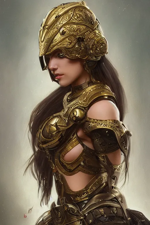 Image similar to attractive young female, ornate metallic helmet, battle armor, olive skin, long dark hair, beautiful bone structure, intricate, elegant, highly detailed, digital painting, artstation, concept art, smooth, sharp focus, illustration, art by artgerm and greg rutkowski and alphonse mucha