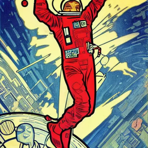 Image similar to a man with red hair, floating in space. he is an astronaut, wearing a space suit. he is fixing his space rocket. well composed, clean elegant painting, beautiful detailed face. retro comic book art by steve ditko and jack kirby and ( alphonse mucha )