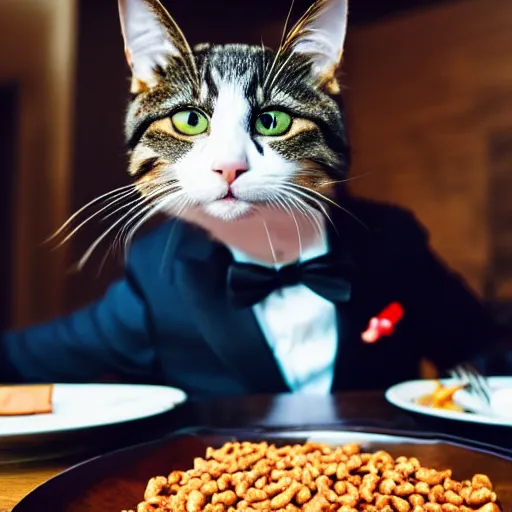 Prompt: cat in a suit eating a plate of cat food at a fancy restaurant