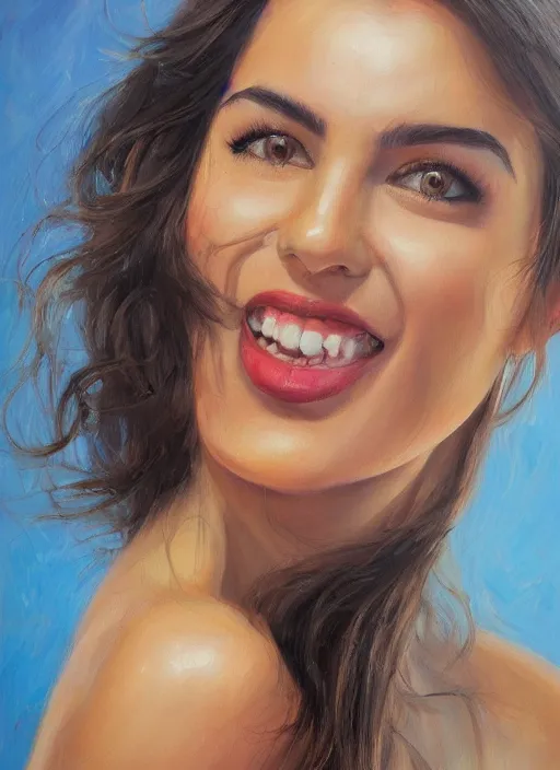 Prompt: beautiful portrait face centre oil on canvas of brunette with wavy hair, big mouth, smiling, Ebru Şahin, Reyyan, looks like Sabrina Ouazani , intricate, elegant, highly detailed, artstation, concept art, sharp focus, art by Alina Ivanchenko, Rob Ross, WLUP, artgerm