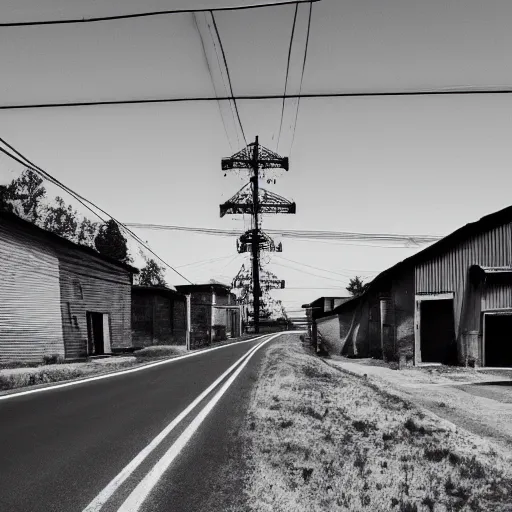 Prompt: a road next to warehouses, and a hill behind it with a radio tower on top, red tint