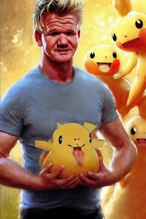 Image similar to gordon ramsay with a exeggcute pokemon painting by gaston bussiere, craig mullins