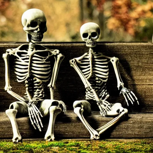 Image similar to Two grunge skeletons of lovers, sitting on a park bench for a very long time, holding by their hands, starting to decay, partially covered with dust, moss, dirt and spider webs, cinematic lighting, photo realistic image, super detailed, cinematic look H 1024