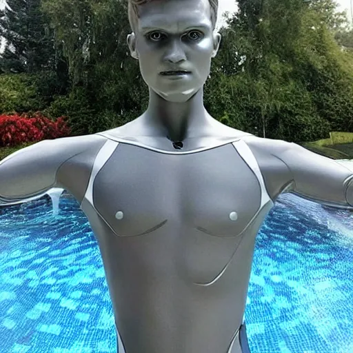 Image similar to a realistic detailed photo of a guy who is an attractive humanoid who is half robot and half humanoid, who is a male android, soccer player martin ødegaard, shiny skin, posing like a statue, blank stare, by the pool, on display, showing off his muscles, humanoid robot, frozen ice statue