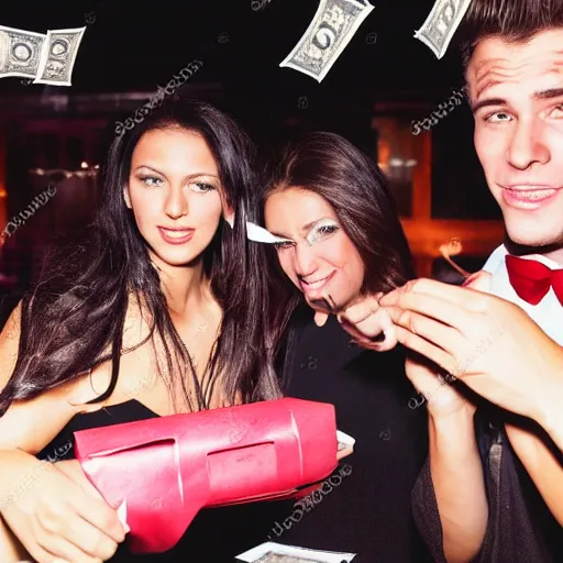 Image similar to private booth in a club with beautiful girls and two guys throwing money made by banksy