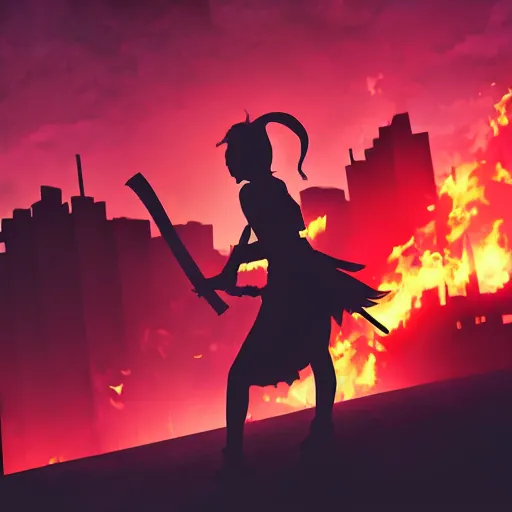 Image similar to A silhouette of a girl with a katana against the backdrop of a burning city, dramatic composition, trending on Artstation, 8K