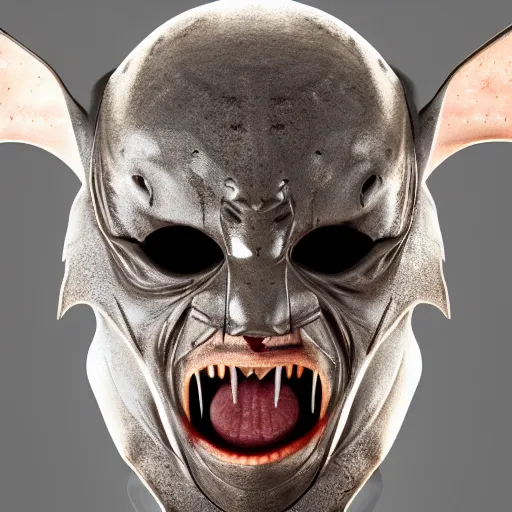 Image similar to a realistic vampire bat steel mask, epic scale, character concept art, face symmetry, intricate accurate details, artstation trending, octane render, cinematic color grading, soft light, rule of thirds, golden ratio, like a professional model, cinematic, 8 k, clear.